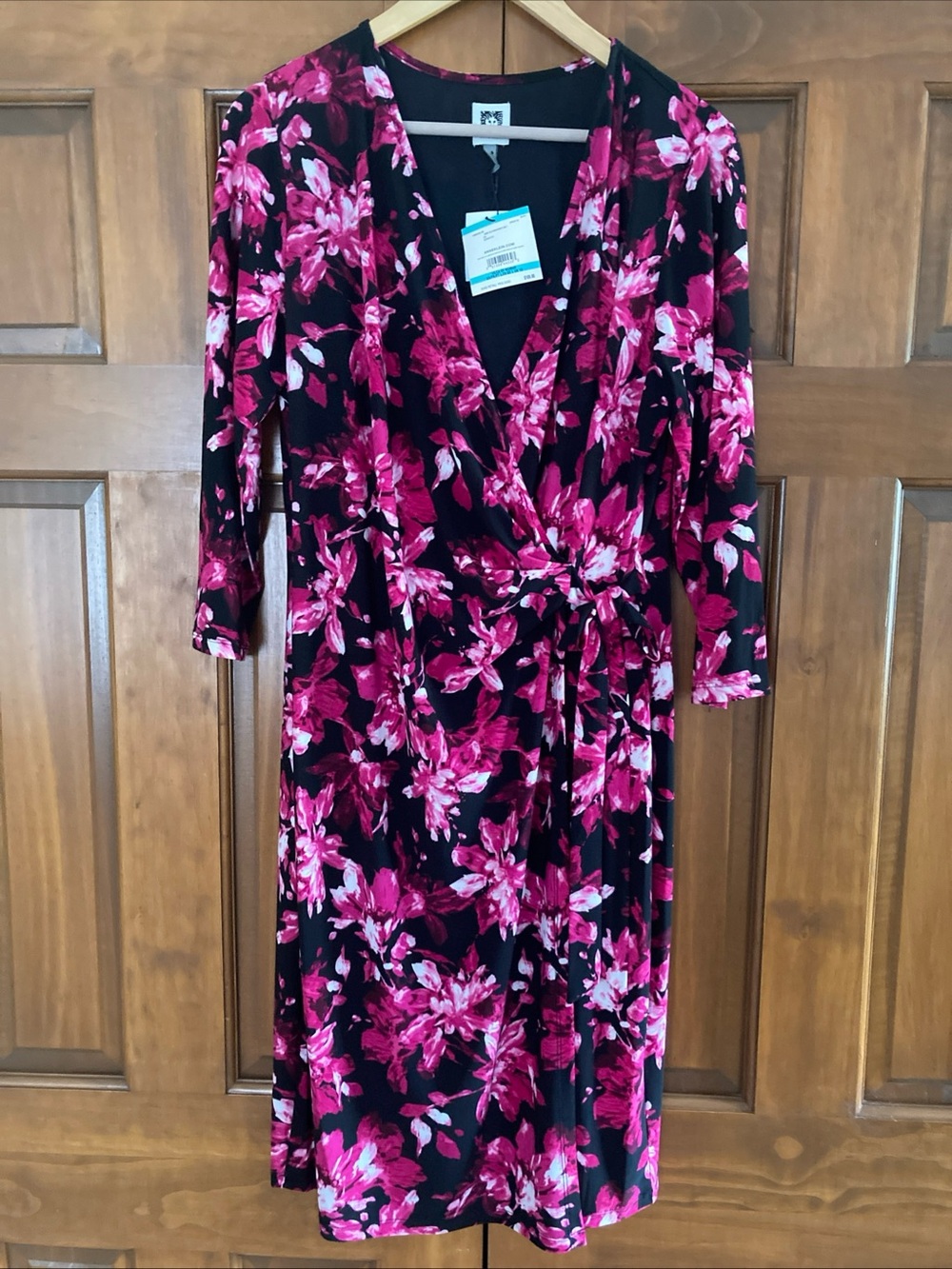 NWT Anne Klein Black Wrap Dress with Pink Floral Print women’s size OX